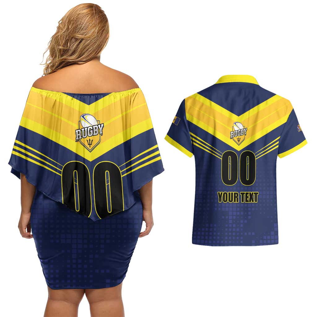 Custom Barbados Rugby Couples Matching Off Shoulder Short Dress and Hawaiian Shirt Team Barbados Trident Go Champions