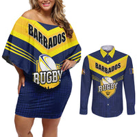 Custom Barbados Rugby Couples Matching Off Shoulder Short Dress and Long Sleeve Button Shirt Team Barbados Trident Go Champions