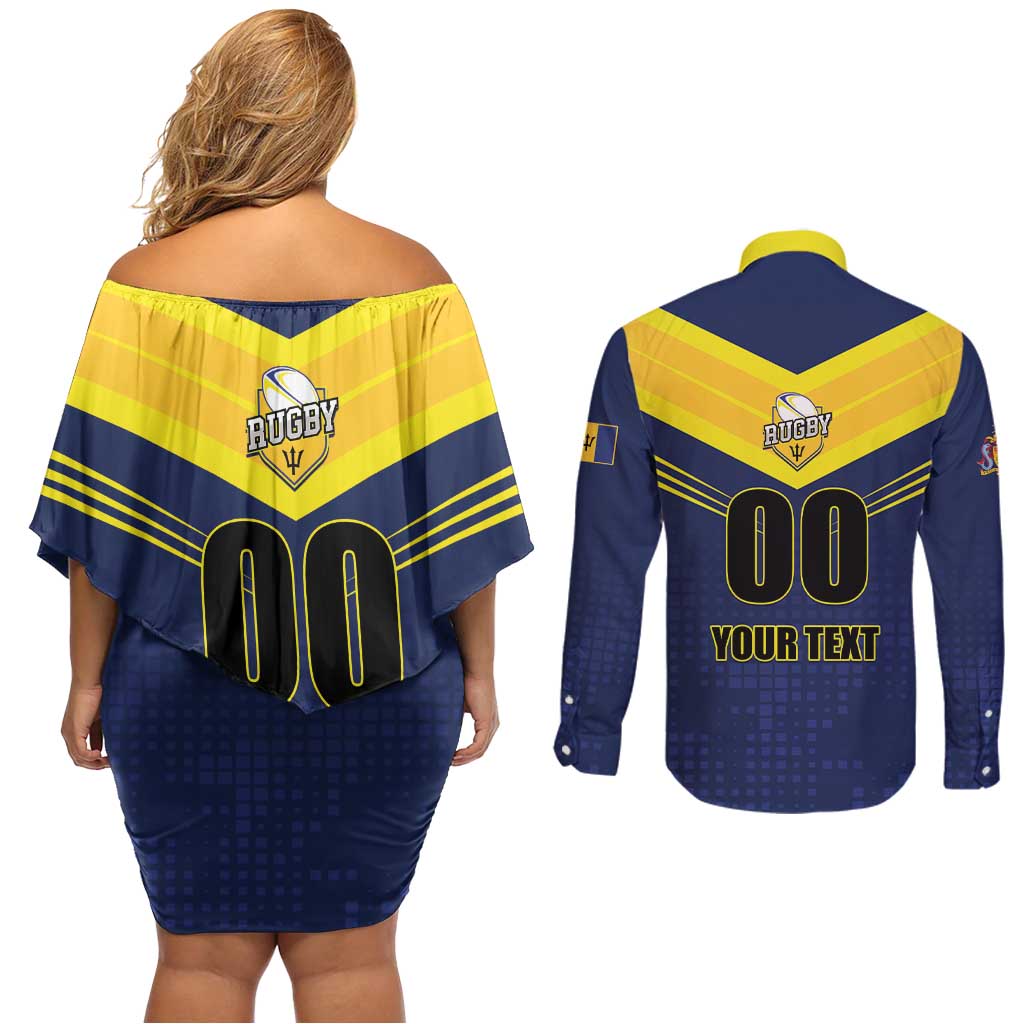 Custom Barbados Rugby Couples Matching Off Shoulder Short Dress and Long Sleeve Button Shirt Team Barbados Trident Go Champions