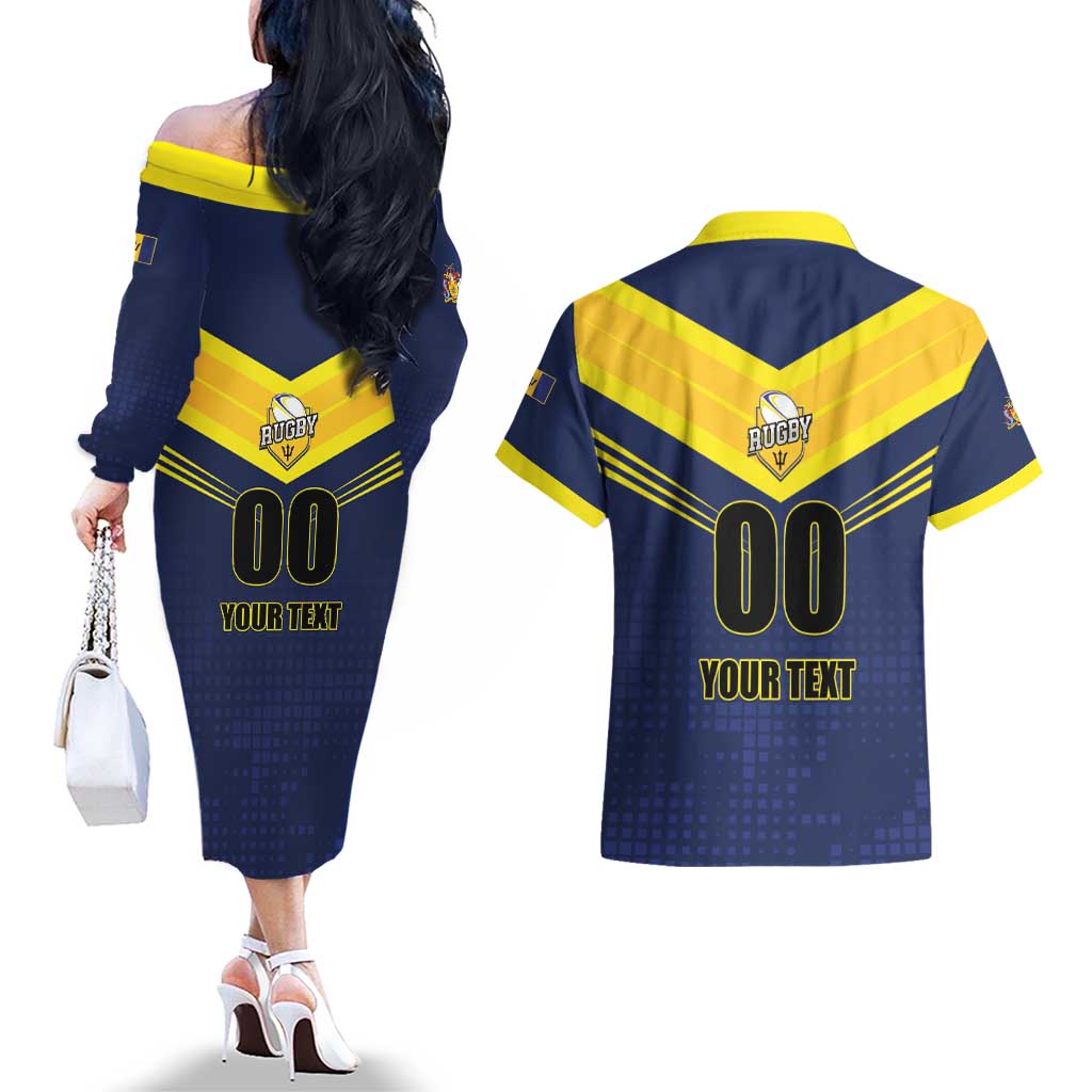 Custom Barbados Rugby Couples Matching Off The Shoulder Long Sleeve Dress and Hawaiian Shirt Team Barbados Trident Go Champions
