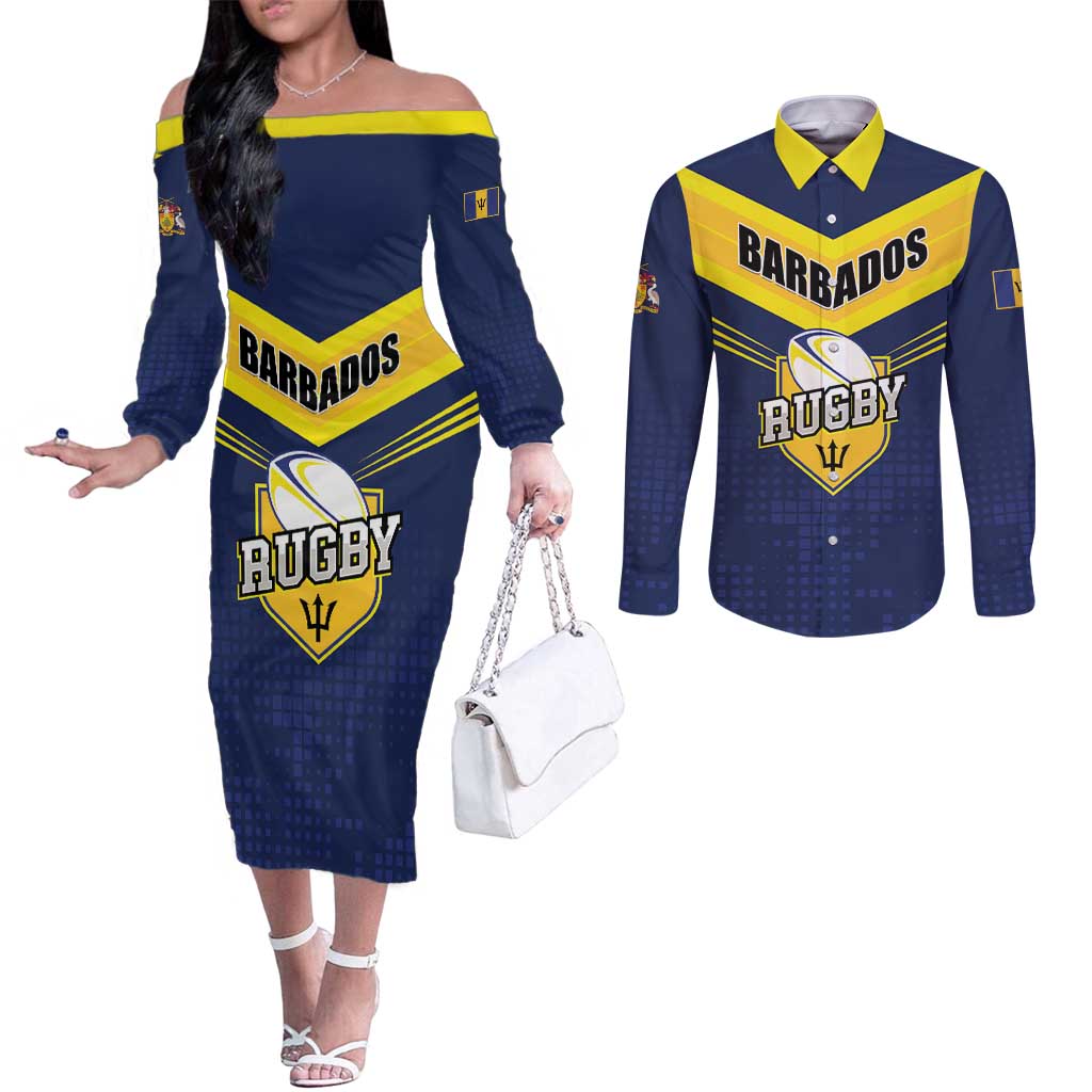 Custom Barbados Rugby Couples Matching Off The Shoulder Long Sleeve Dress and Long Sleeve Button Shirt Team Barbados Trident Go Champions