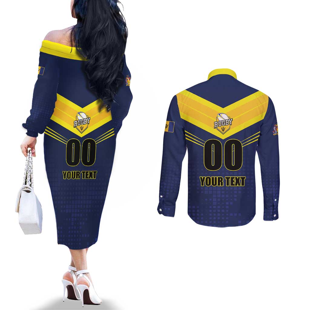 Custom Barbados Rugby Couples Matching Off The Shoulder Long Sleeve Dress and Long Sleeve Button Shirt Team Barbados Trident Go Champions