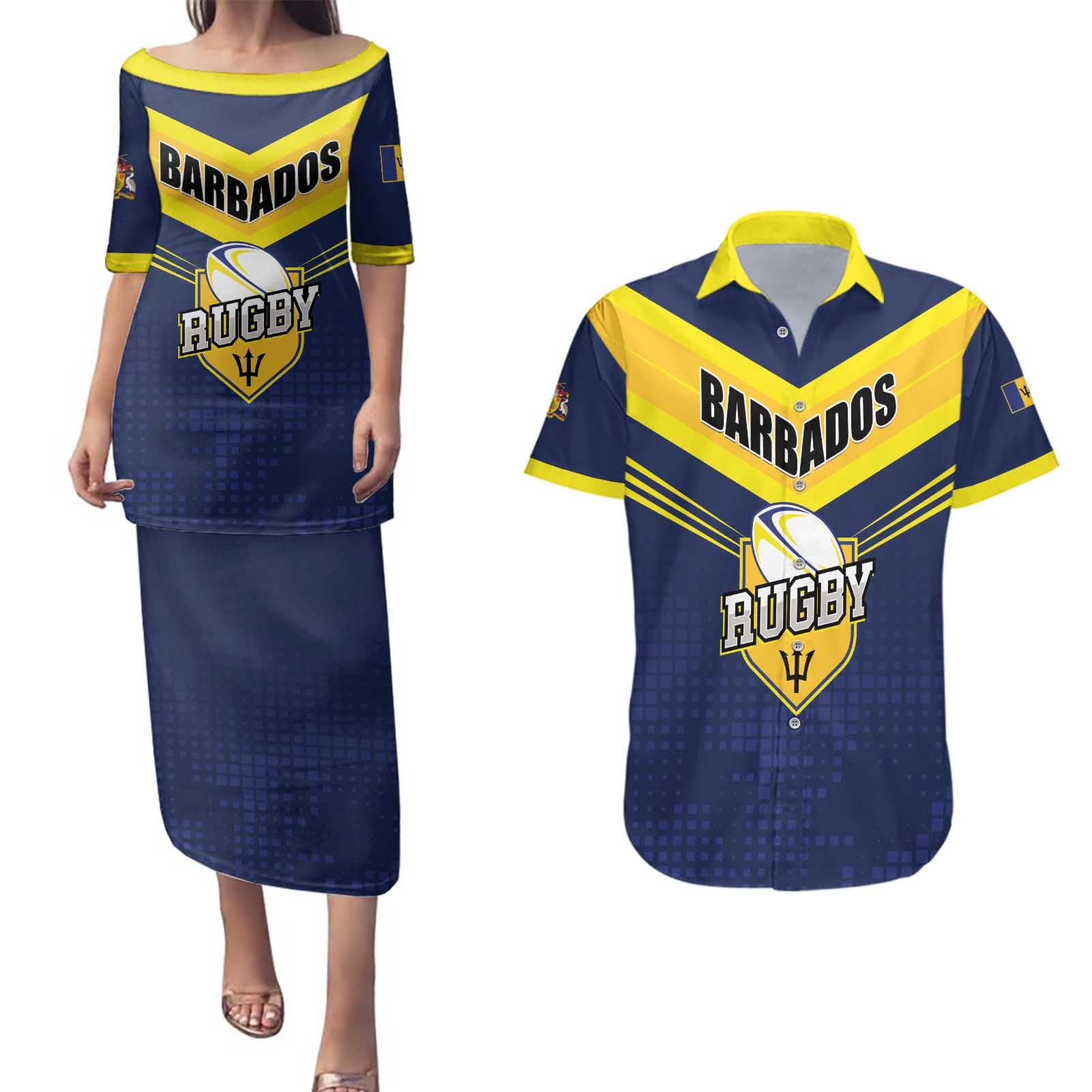 Custom Barbados Rugby Couples Matching Puletasi and Hawaiian Shirt Team Barbados Trident Go Champions