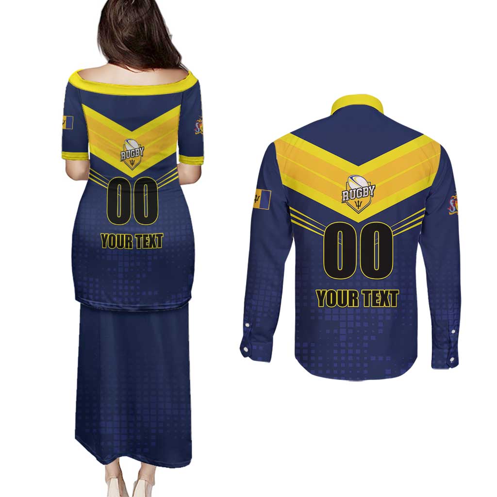Custom Barbados Rugby Couples Matching Puletasi and Long Sleeve Button Shirt Team Barbados Trident Go Champions