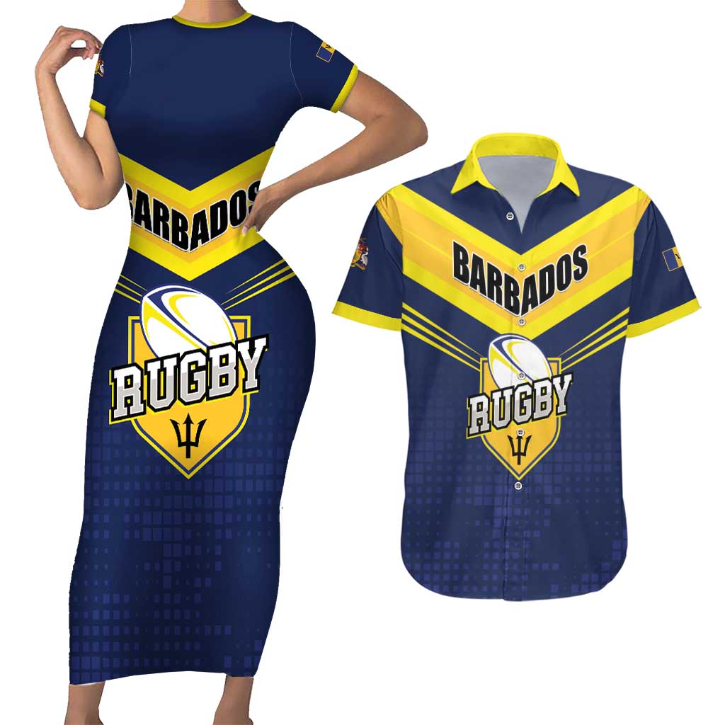 Custom Barbados Rugby Couples Matching Short Sleeve Bodycon Dress and Hawaiian Shirt Team Barbados Trident Go Champions