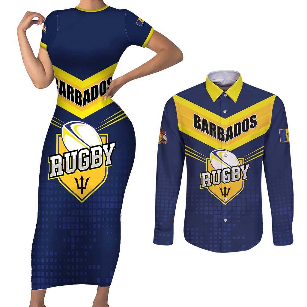 Custom Barbados Rugby Couples Matching Short Sleeve Bodycon Dress and Long Sleeve Button Shirt Team Barbados Trident Go Champions
