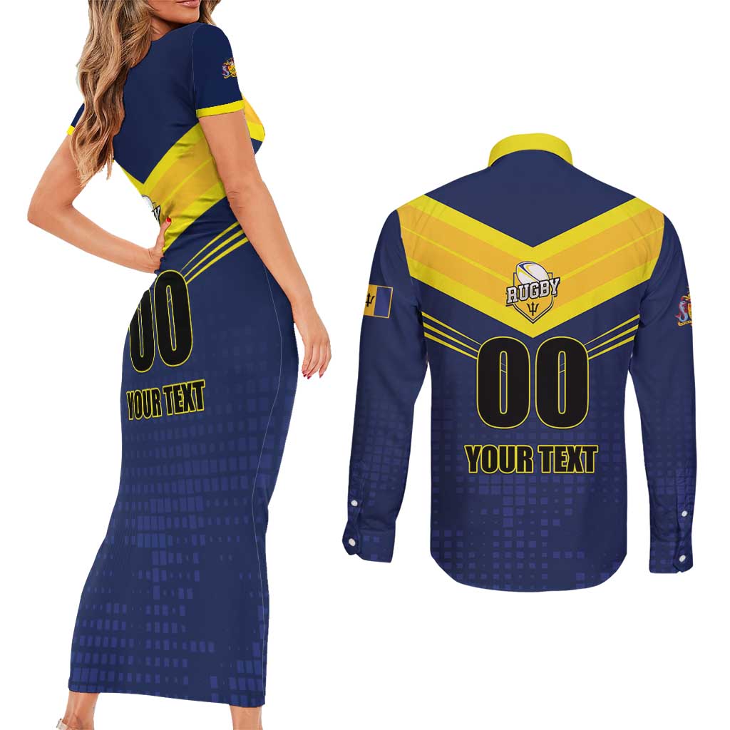 Custom Barbados Rugby Couples Matching Short Sleeve Bodycon Dress and Long Sleeve Button Shirt Team Barbados Trident Go Champions