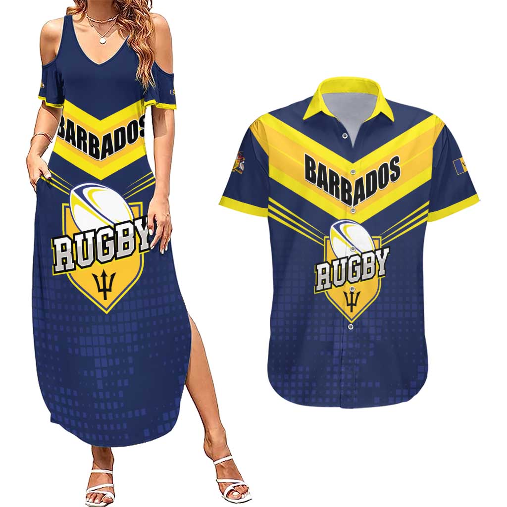 Custom Barbados Rugby Couples Matching Summer Maxi Dress and Hawaiian Shirt Team Barbados Trident Go Champions