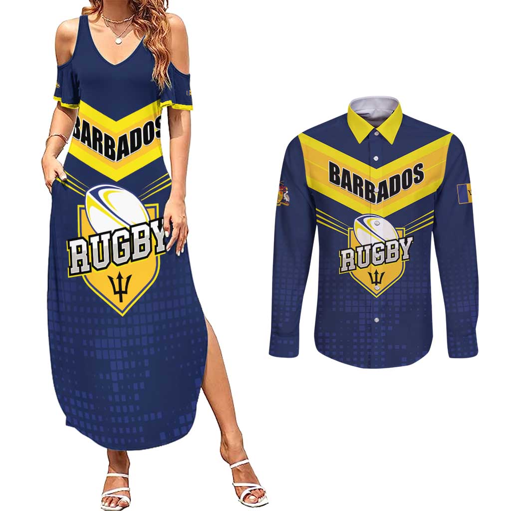Custom Barbados Rugby Couples Matching Summer Maxi Dress and Long Sleeve Button Shirt Team Barbados Trident Go Champions