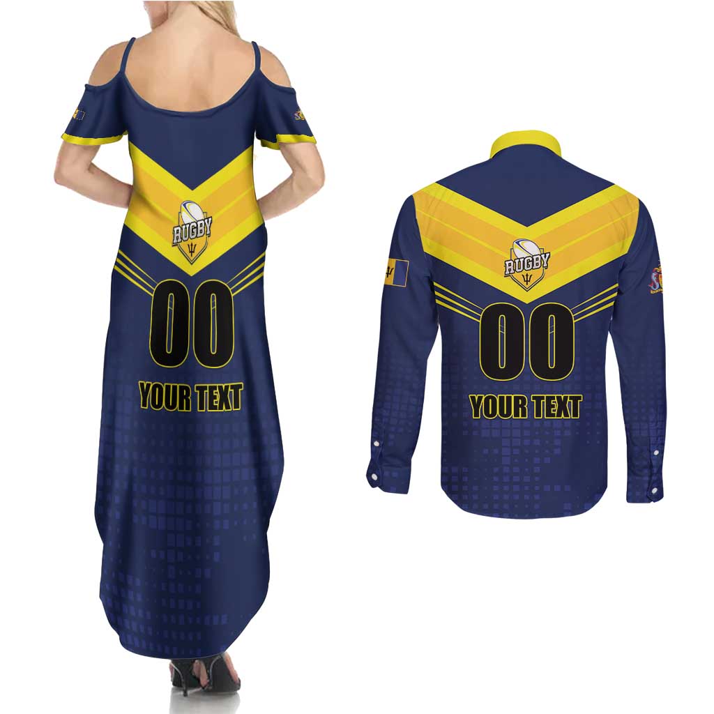 Custom Barbados Rugby Couples Matching Summer Maxi Dress and Long Sleeve Button Shirt Team Barbados Trident Go Champions
