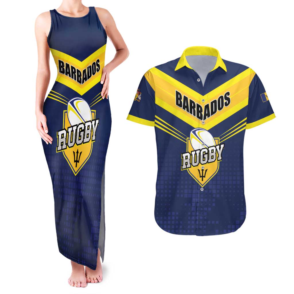 Custom Barbados Rugby Couples Matching Tank Maxi Dress and Hawaiian Shirt Team Barbados Trident Go Champions