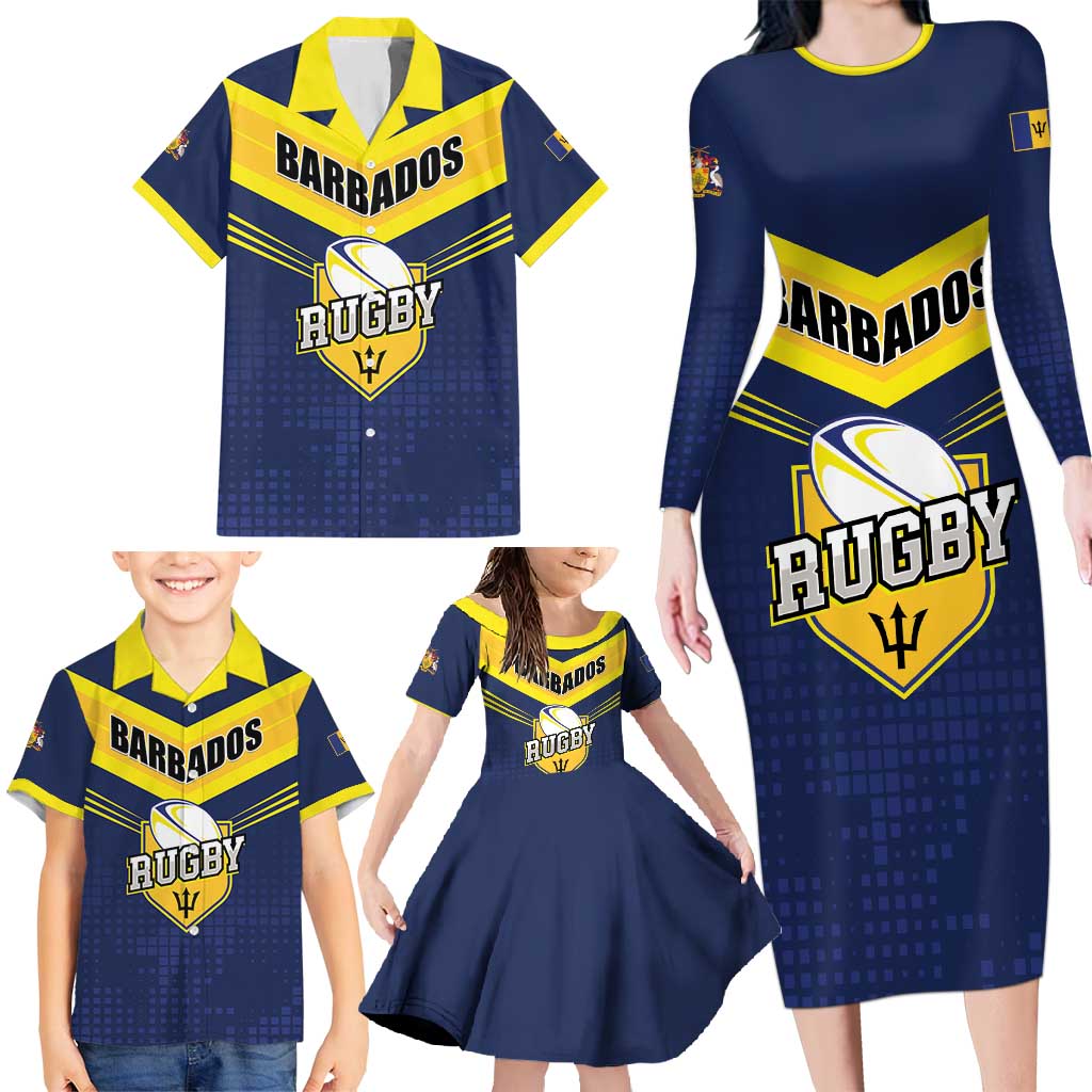 Custom Barbados Rugby Family Matching Long Sleeve Bodycon Dress and Hawaiian Shirt Team Barbados Trident Go Champions