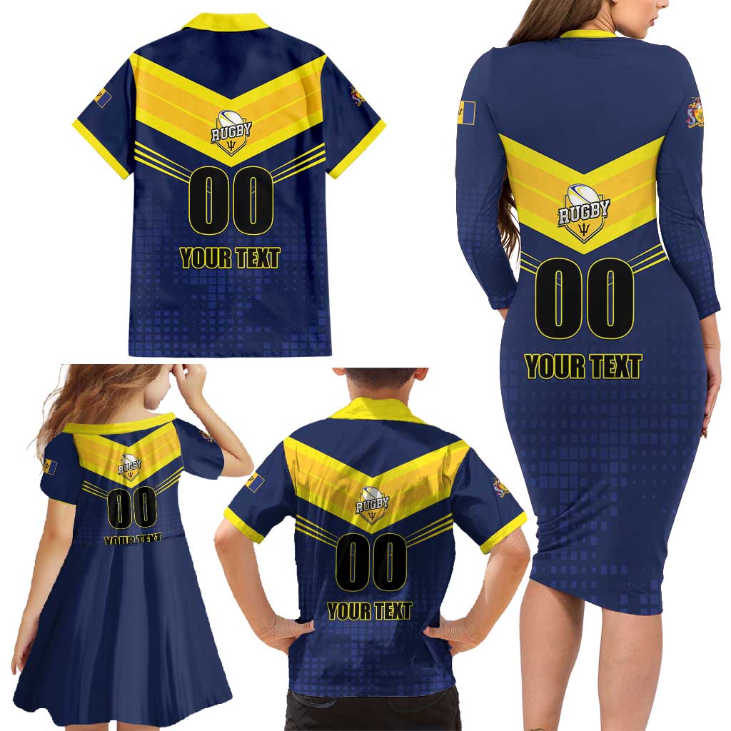 Custom Barbados Rugby Family Matching Long Sleeve Bodycon Dress and Hawaiian Shirt Team Barbados Trident Go Champions