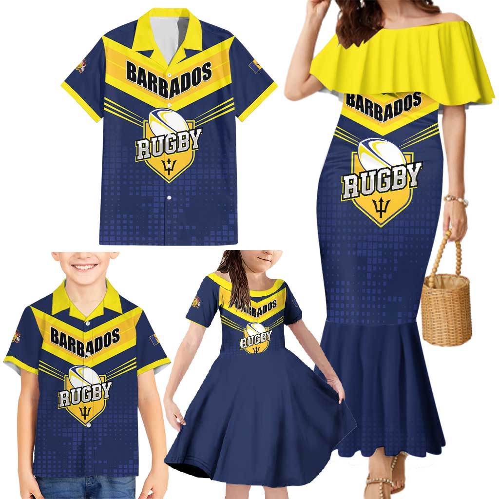 Custom Barbados Rugby Family Matching Mermaid Dress and Hawaiian Shirt Team Barbados Trident Go Champions