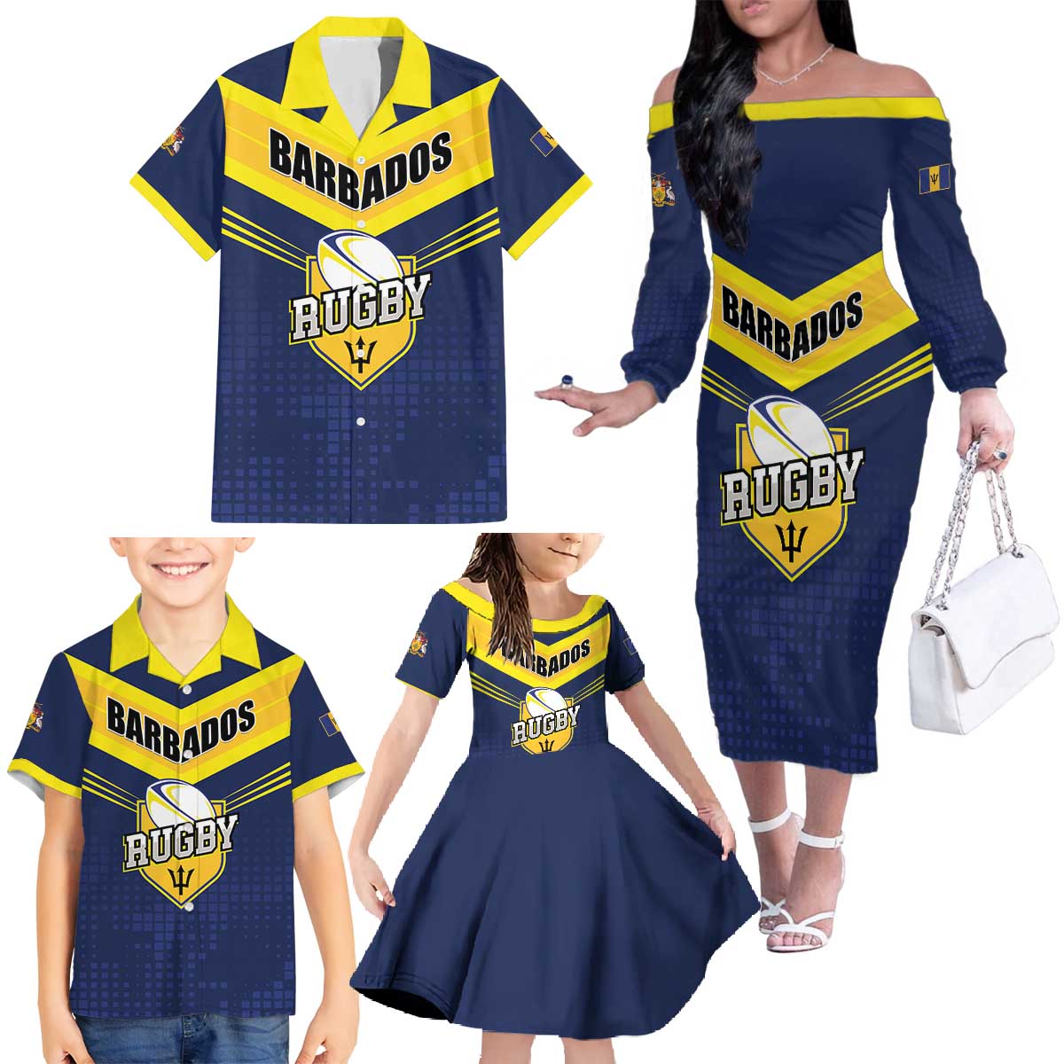 Custom Barbados Rugby Family Matching Off The Shoulder Long Sleeve Dress and Hawaiian Shirt Team Barbados Trident Go Champions