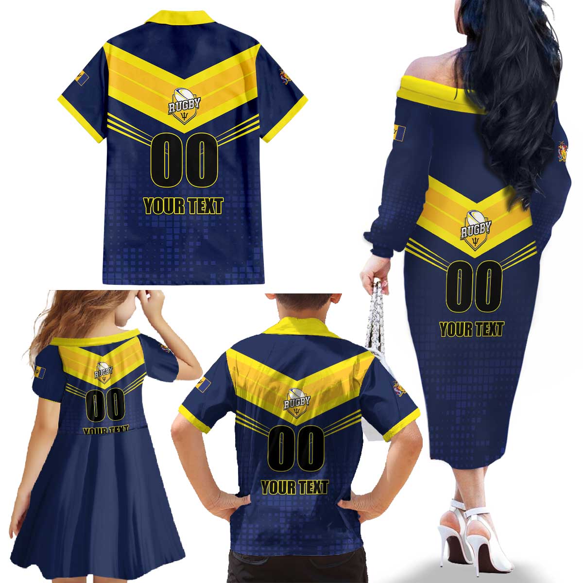 Custom Barbados Rugby Family Matching Off The Shoulder Long Sleeve Dress and Hawaiian Shirt Team Barbados Trident Go Champions