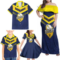 Custom Barbados Rugby Family Matching Off Shoulder Maxi Dress and Hawaiian Shirt Team Barbados Trident Go Champions