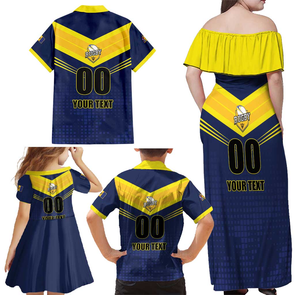 Custom Barbados Rugby Family Matching Off Shoulder Maxi Dress and Hawaiian Shirt Team Barbados Trident Go Champions