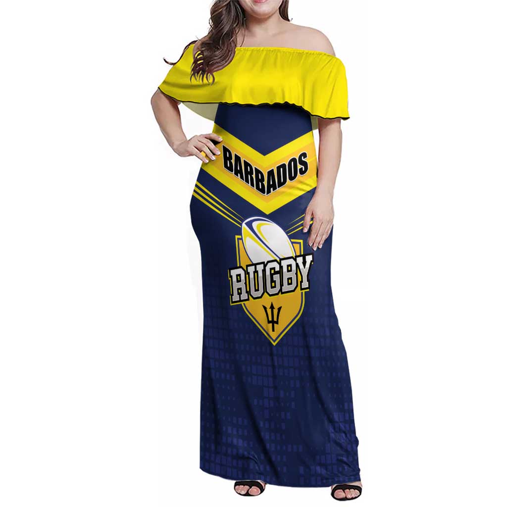 Custom Barbados Rugby Family Matching Off Shoulder Maxi Dress and Hawaiian Shirt Team Barbados Trident Go Champions