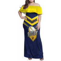 Custom Barbados Rugby Family Matching Off Shoulder Maxi Dress and Hawaiian Shirt Team Barbados Trident Go Champions