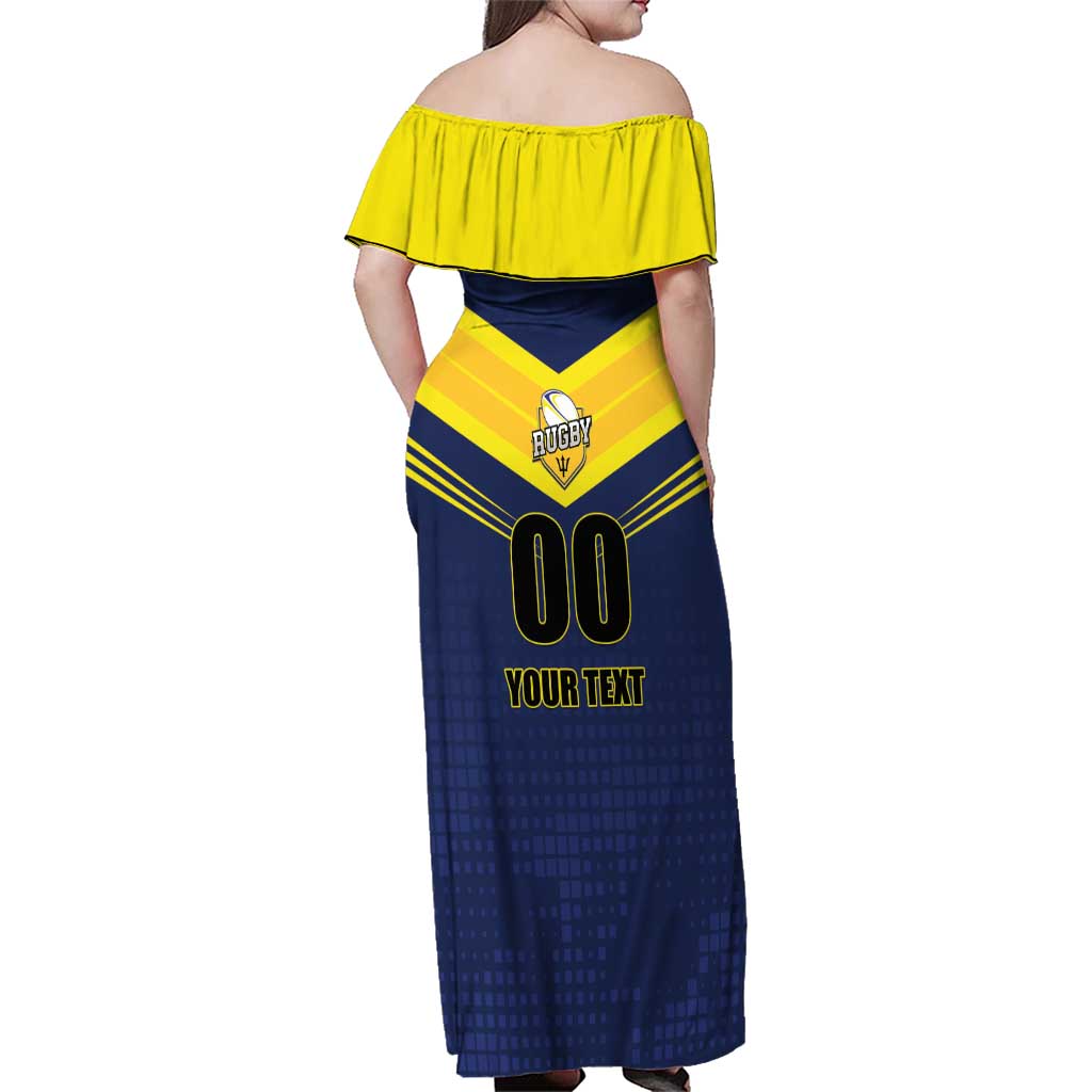 Custom Barbados Rugby Family Matching Off Shoulder Maxi Dress and Hawaiian Shirt Team Barbados Trident Go Champions