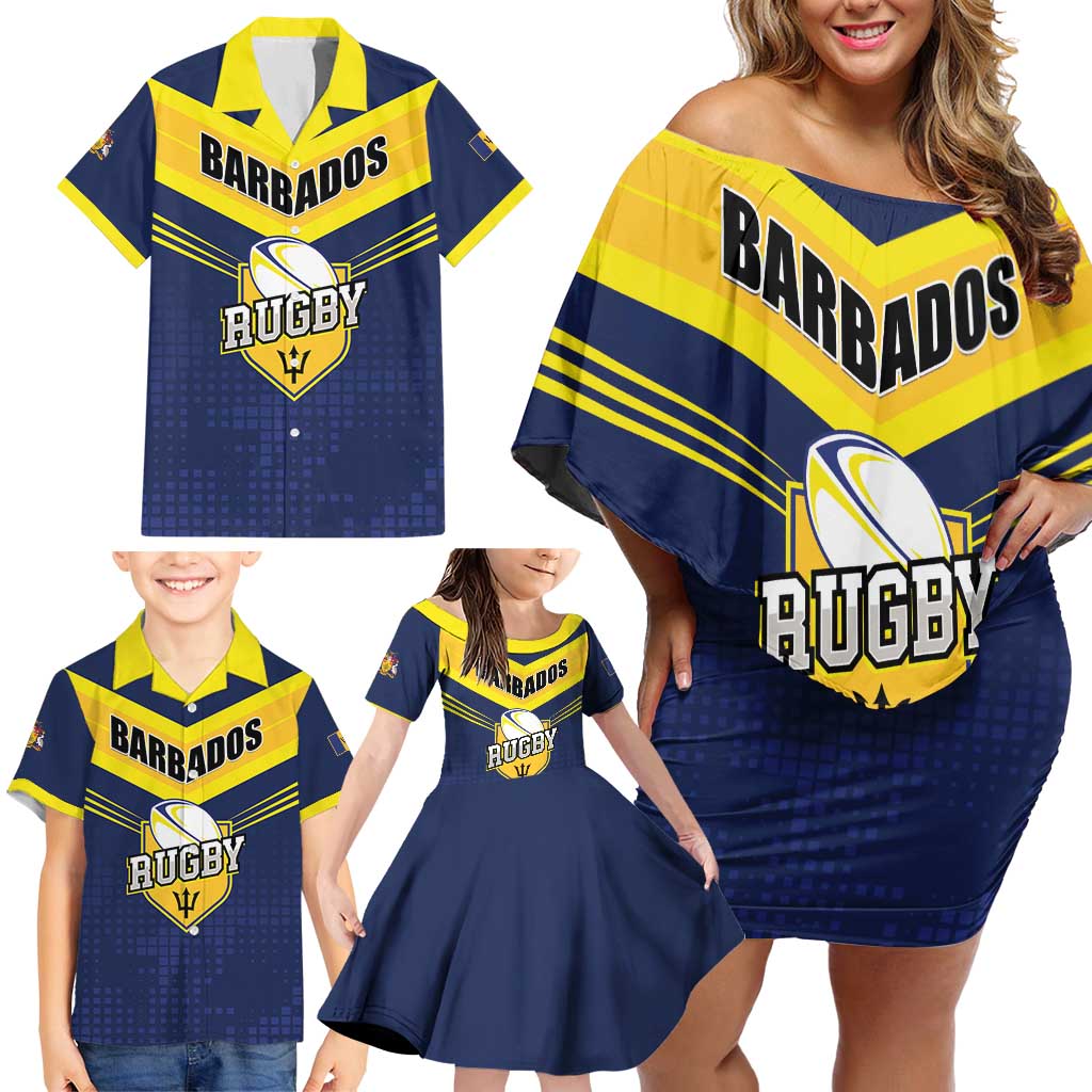 Custom Barbados Rugby Family Matching Off Shoulder Short Dress and Hawaiian Shirt Team Barbados Trident Go Champions
