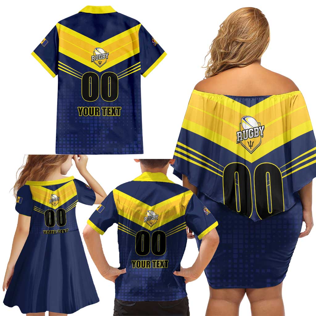 Custom Barbados Rugby Family Matching Off Shoulder Short Dress and Hawaiian Shirt Team Barbados Trident Go Champions