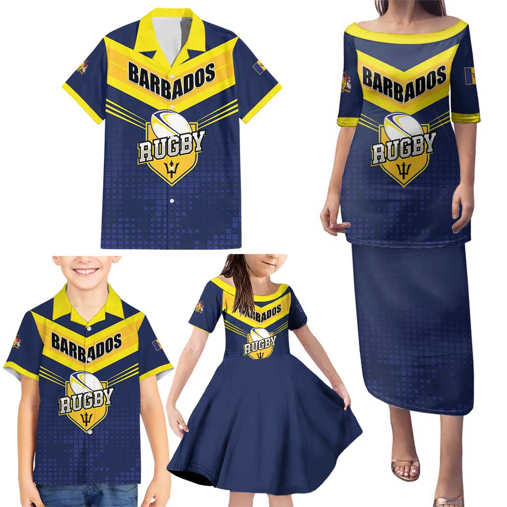 Custom Barbados Rugby Family Matching Puletasi and Hawaiian Shirt Team Barbados Trident Go Champions