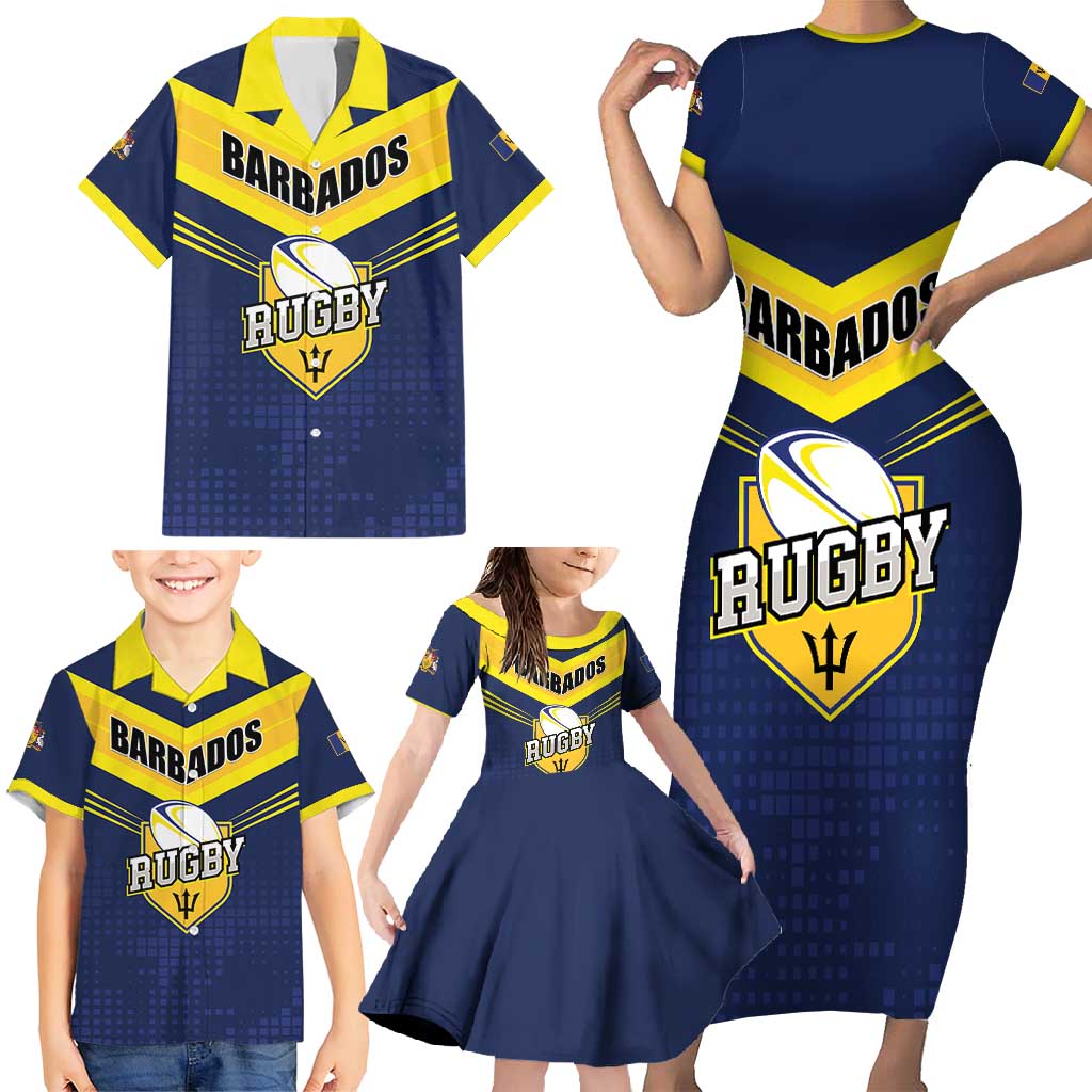 Custom Barbados Rugby Family Matching Short Sleeve Bodycon Dress and Hawaiian Shirt Team Barbados Trident Go Champions
