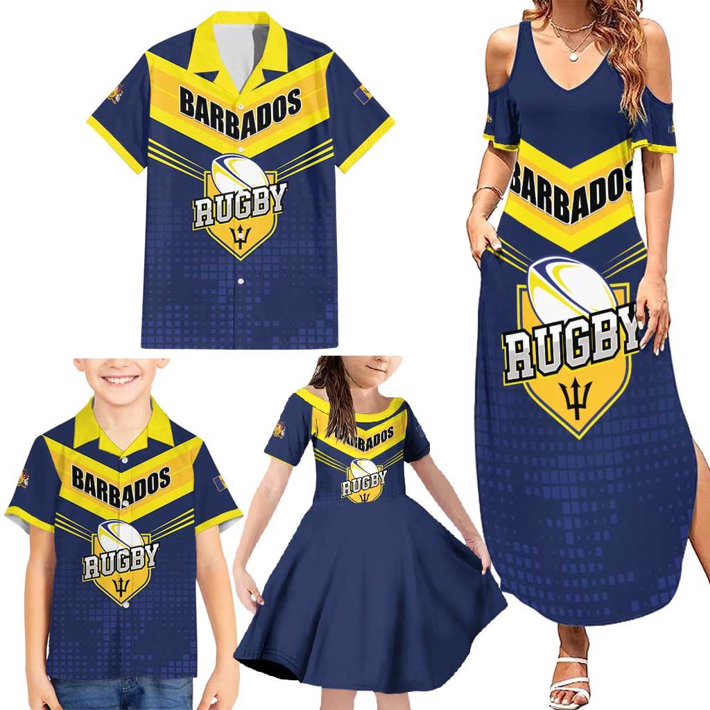 Custom Barbados Rugby Family Matching Summer Maxi Dress and Hawaiian Shirt Team Barbados Trident Go Champions