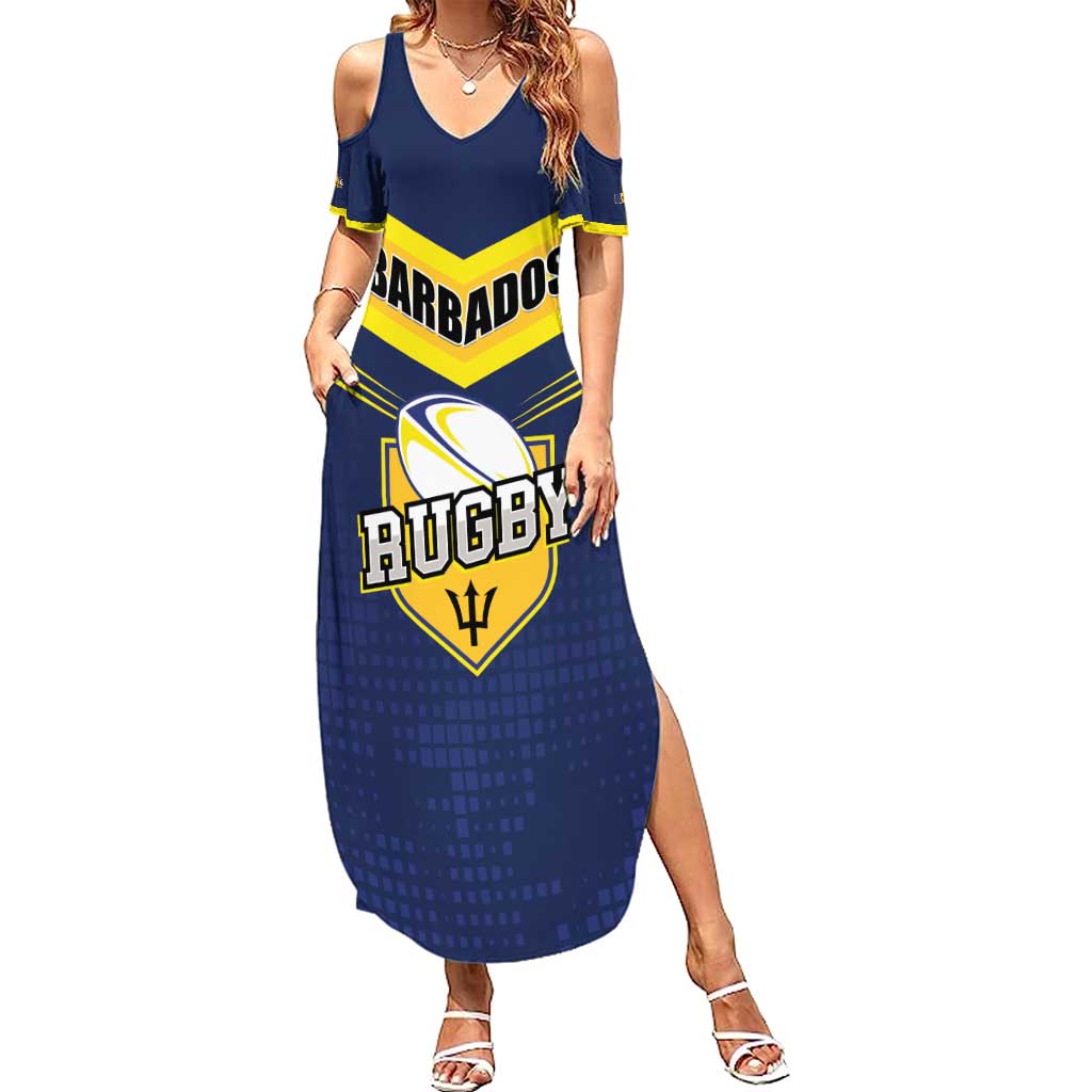 Custom Barbados Rugby Family Matching Summer Maxi Dress and Hawaiian Shirt Team Barbados Trident Go Champions
