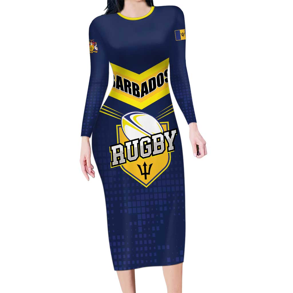 Custom Barbados Rugby Long Sleeve Bodycon Dress Team Barbados Trident Go Champions