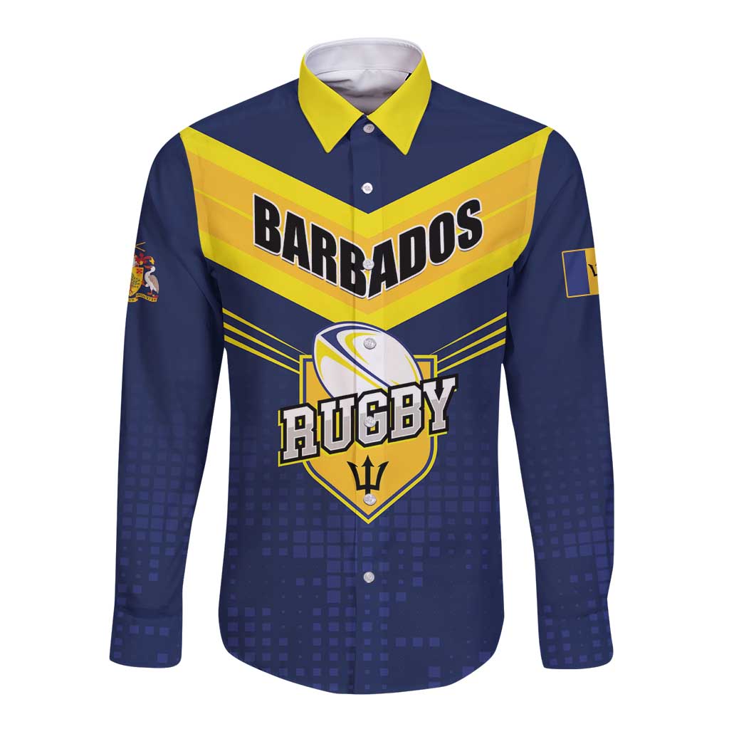 Custom Barbados Rugby Long Sleeve Button Shirt Team Barbados Trident Go Champions