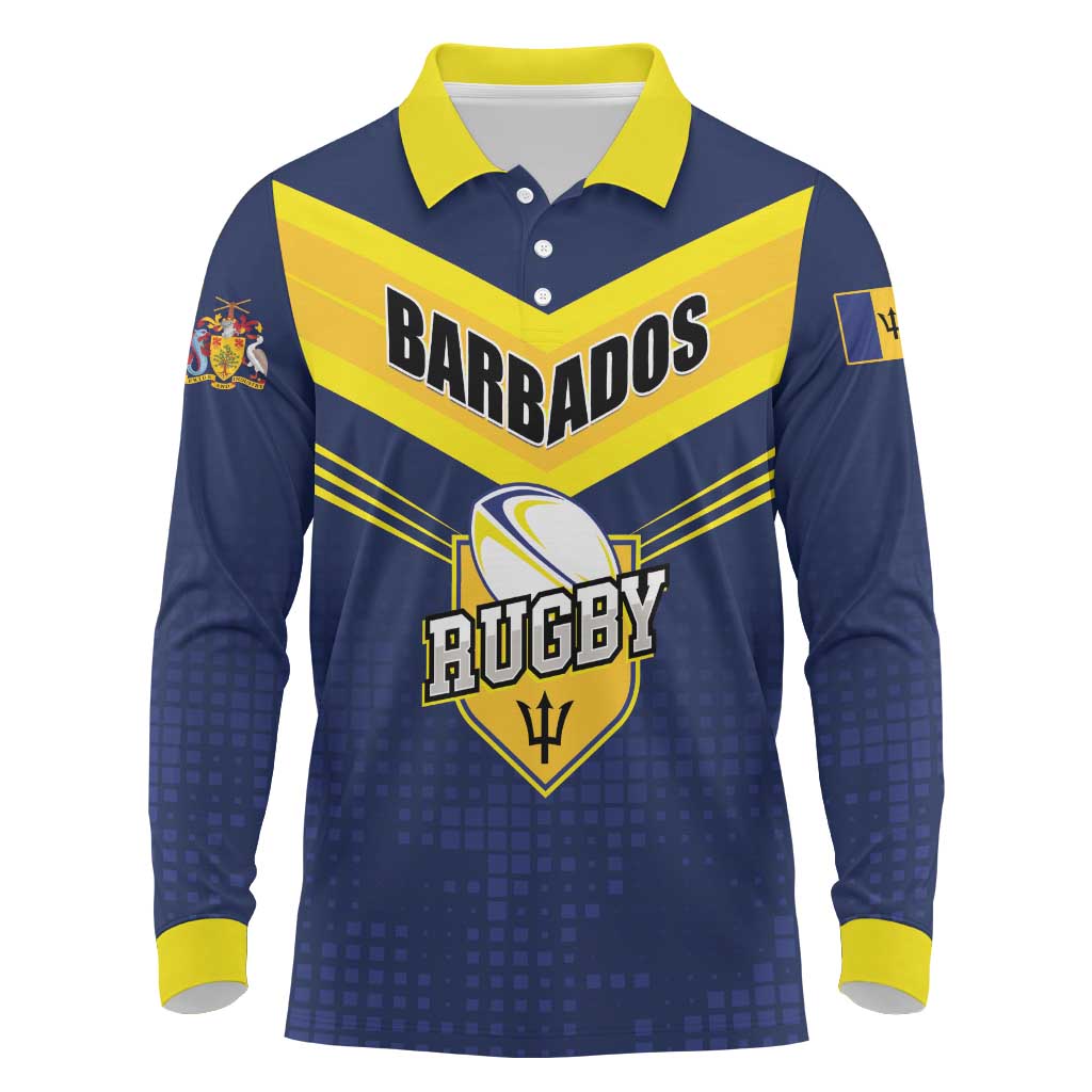 Custom Barbados Rugby Long Sleeve Polo Shirt Team Barbados Trident Go Champions