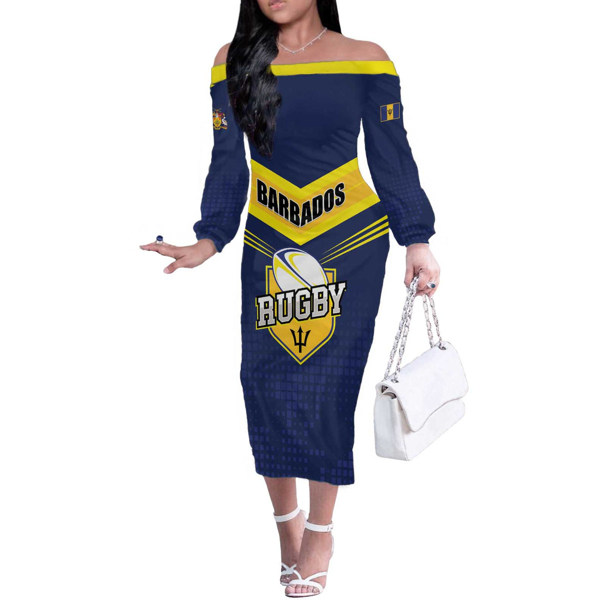 Custom Barbados Rugby Off The Shoulder Long Sleeve Dress Team Barbados Trident Go Champions