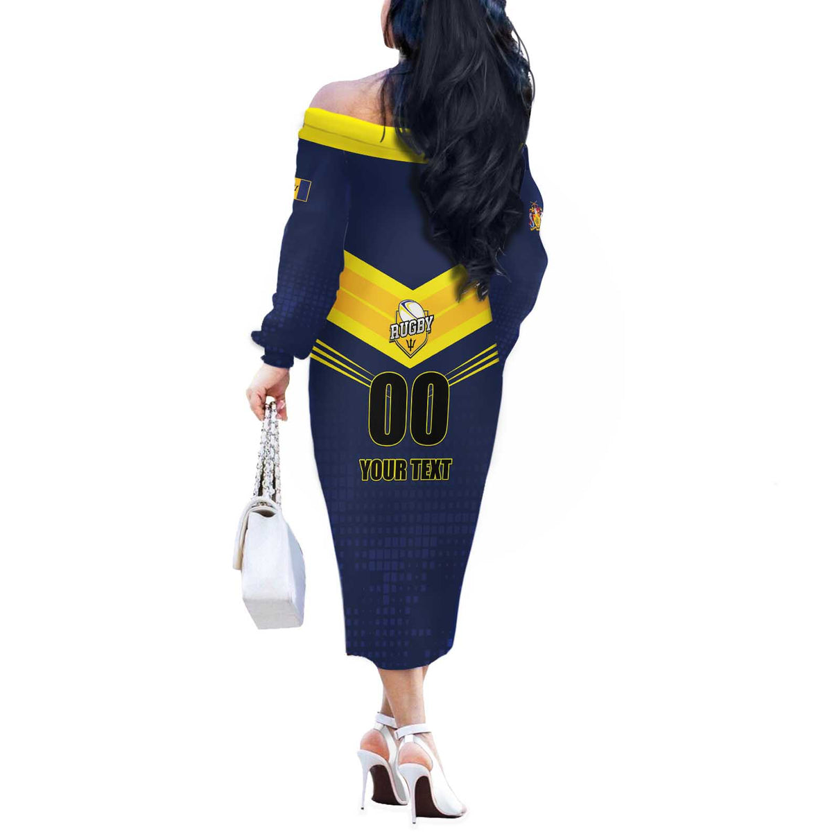 Custom Barbados Rugby Off The Shoulder Long Sleeve Dress Team Barbados Trident Go Champions