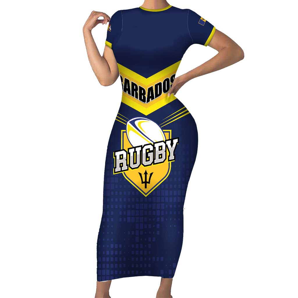 Custom Barbados Rugby Short Sleeve Bodycon Dress Team Barbados Trident Go Champions