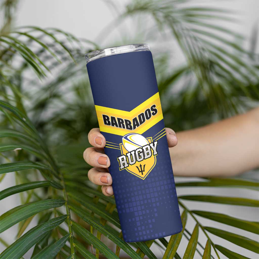 Custom Barbados Rugby Skinny Tumbler Team Barbados Trident Go Champions