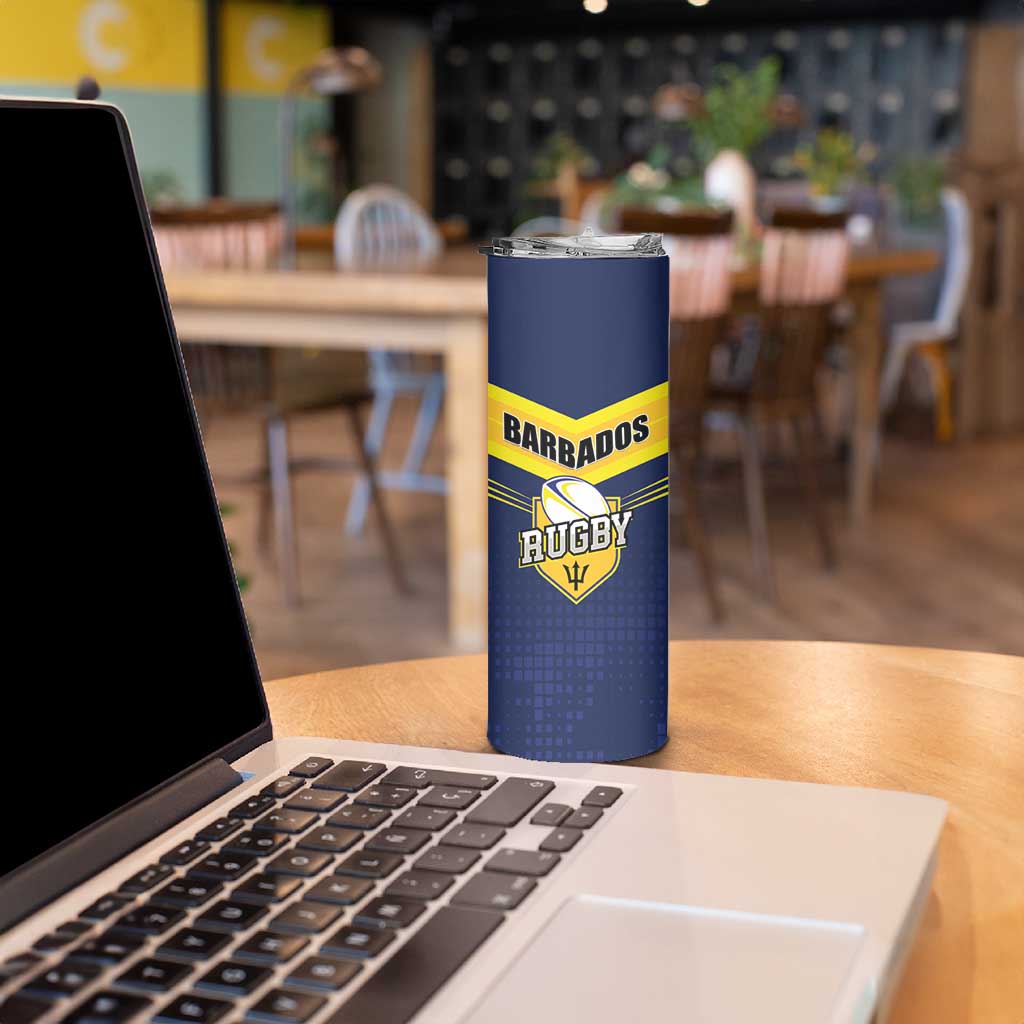 Custom Barbados Rugby Skinny Tumbler Team Barbados Trident Go Champions