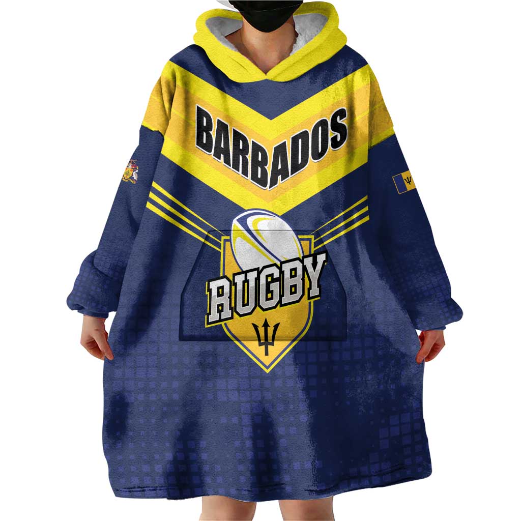 Custom Barbados Rugby Wearable Blanket Hoodie Team Barbados Trident Go Champions