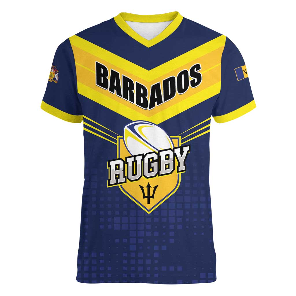 Custom Barbados Rugby Women V-Neck T-Shirt Team Barbados Trident Go Champions