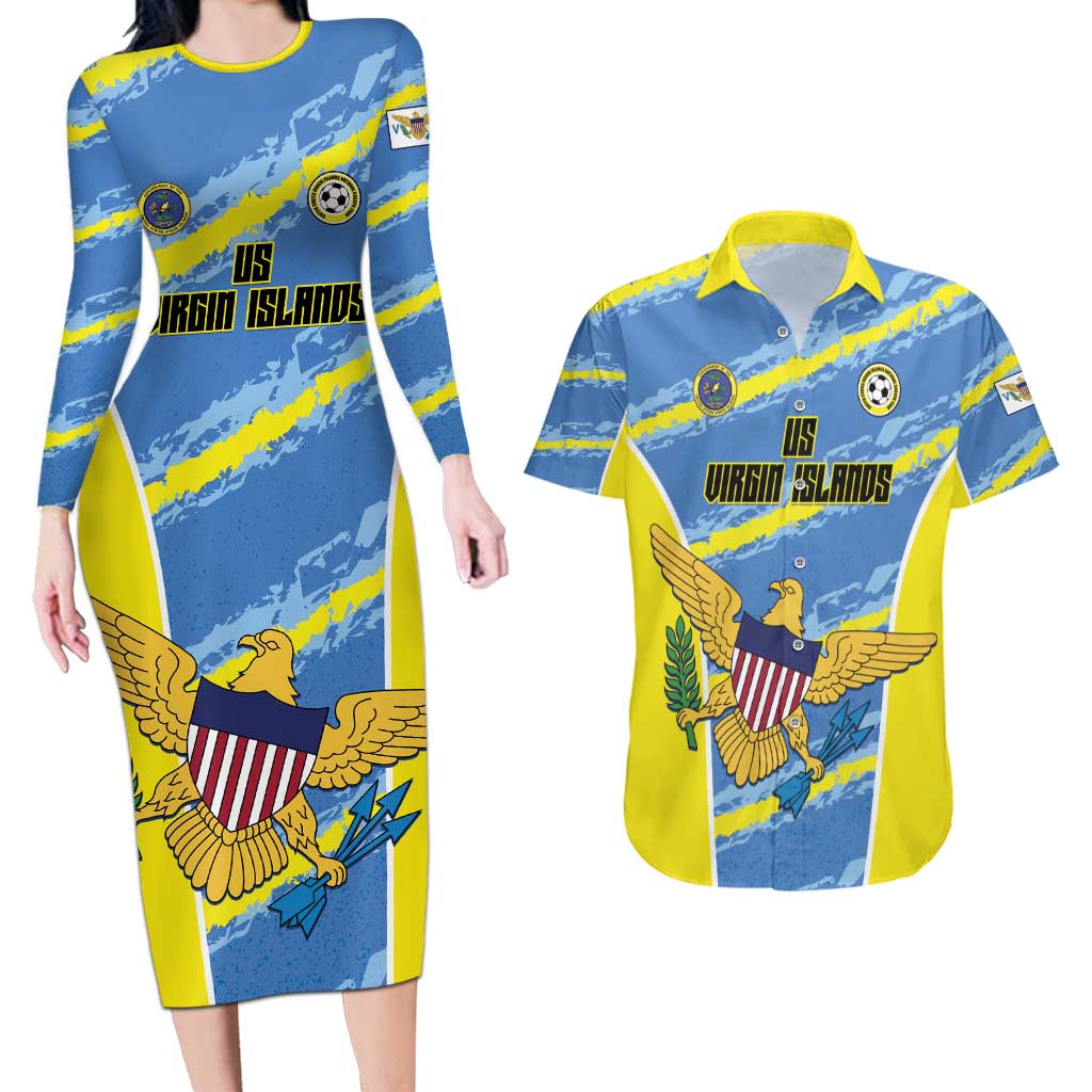 Custom US Virgin Islands Soccer Couples Matching Long Sleeve Bodycon Dress and Hawaiian Shirt Team Dashing Eagles Come On