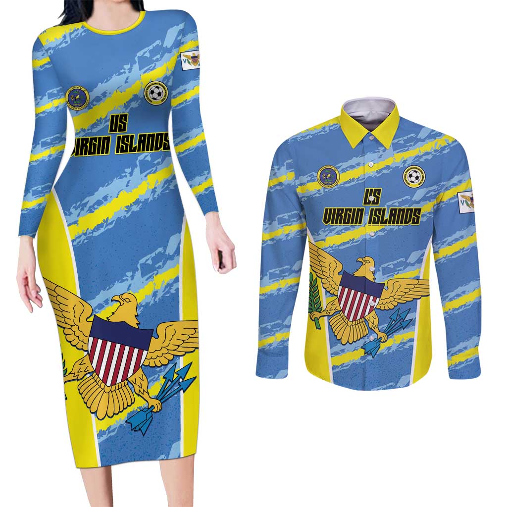 Custom US Virgin Islands Soccer Couples Matching Long Sleeve Bodycon Dress and Long Sleeve Button Shirt Team Dashing Eagles Come On