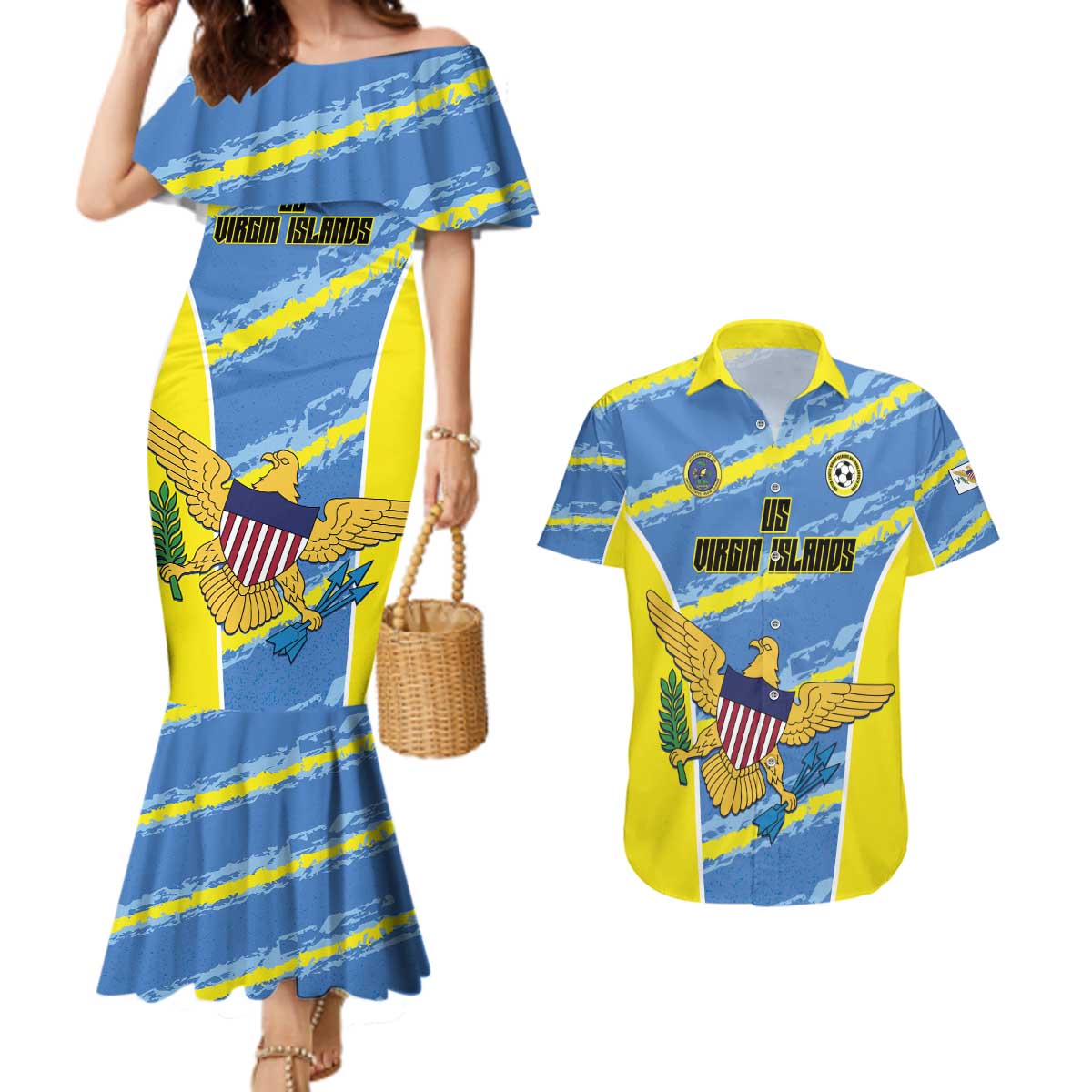 Custom US Virgin Islands Soccer Couples Matching Mermaid Dress and Hawaiian Shirt Team Dashing Eagles Come On