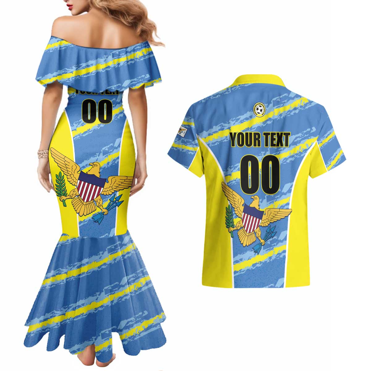 Custom US Virgin Islands Soccer Couples Matching Mermaid Dress and Hawaiian Shirt Team Dashing Eagles Come On
