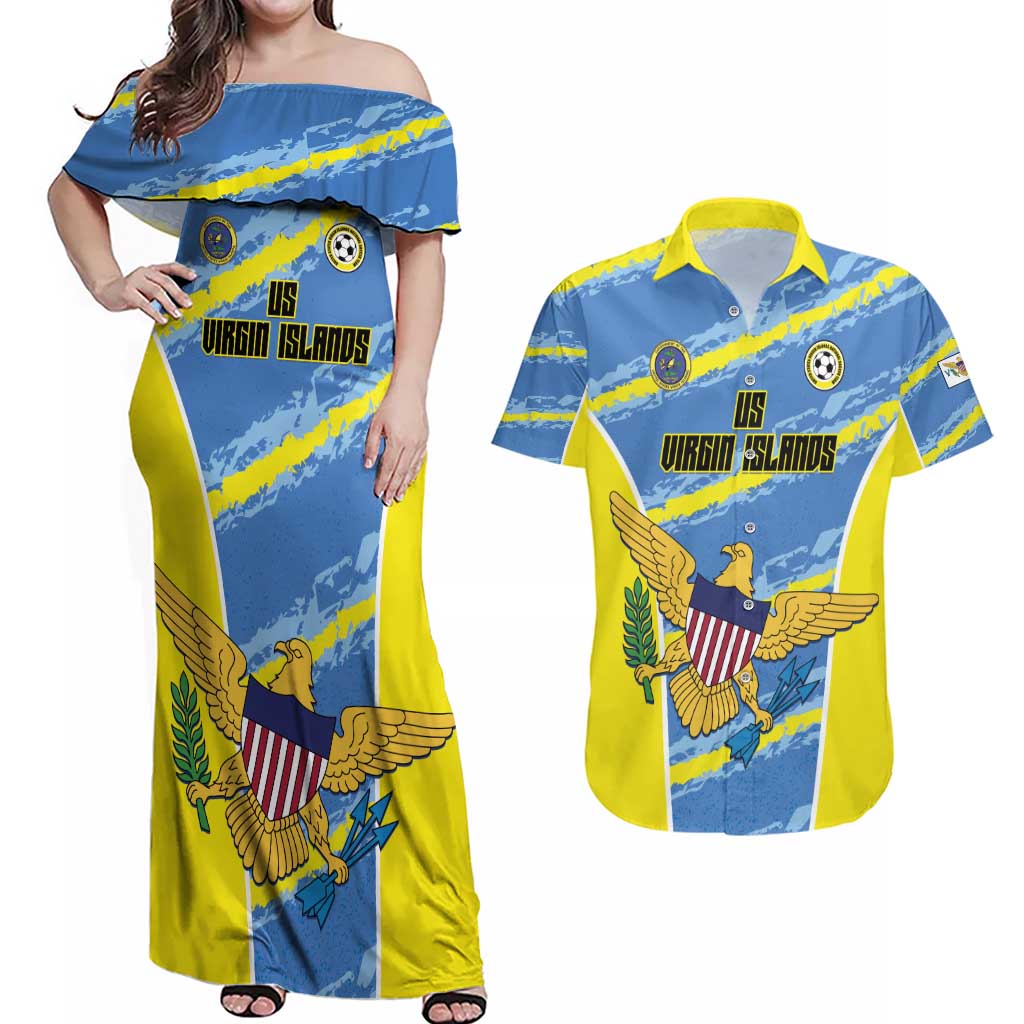 Custom US Virgin Islands Soccer Couples Matching Off Shoulder Maxi Dress and Hawaiian Shirt Team Dashing Eagles Come On