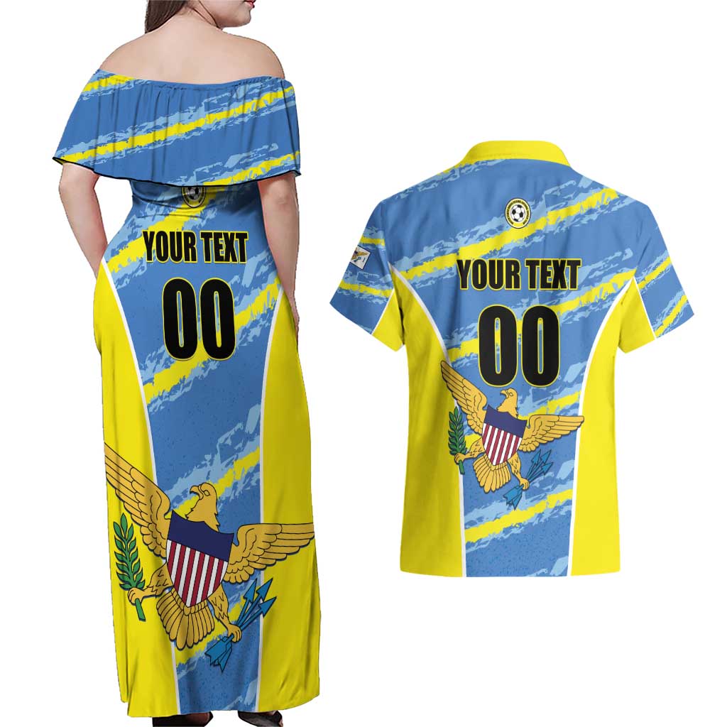 Custom US Virgin Islands Soccer Couples Matching Off Shoulder Maxi Dress and Hawaiian Shirt Team Dashing Eagles Come On