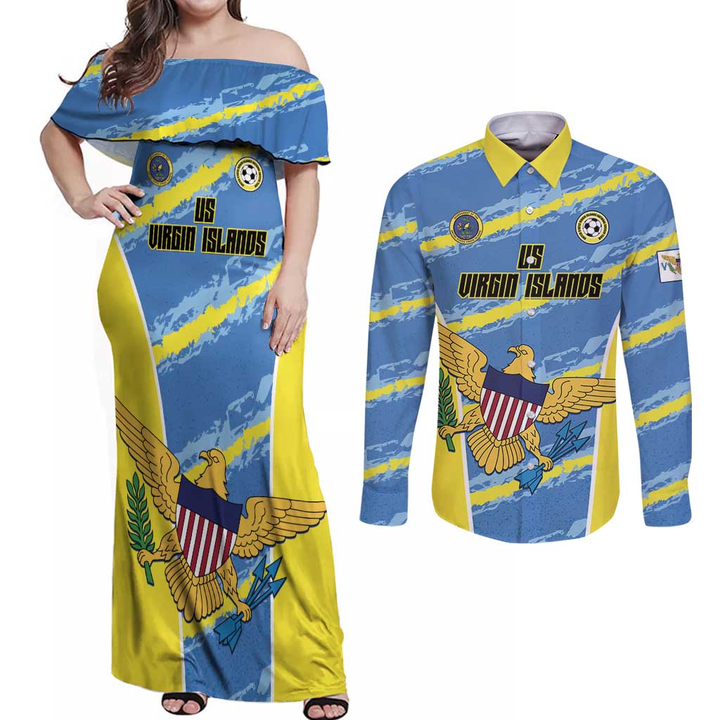 Custom US Virgin Islands Soccer Couples Matching Off Shoulder Maxi Dress and Long Sleeve Button Shirt Team Dashing Eagles Come On