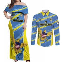 Custom US Virgin Islands Soccer Couples Matching Off Shoulder Maxi Dress and Long Sleeve Button Shirt Team Dashing Eagles Come On