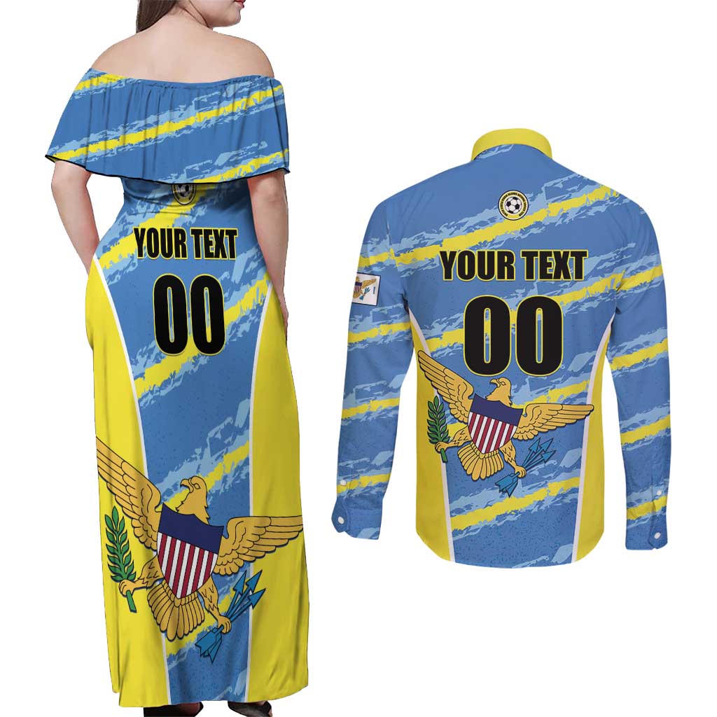 Custom US Virgin Islands Soccer Couples Matching Off Shoulder Maxi Dress and Long Sleeve Button Shirt Team Dashing Eagles Come On